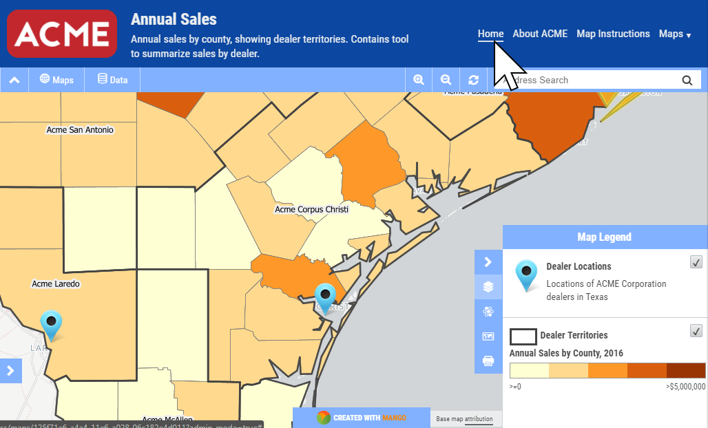 A navigation bar on your web map lets users move seamlessly between your website and maps