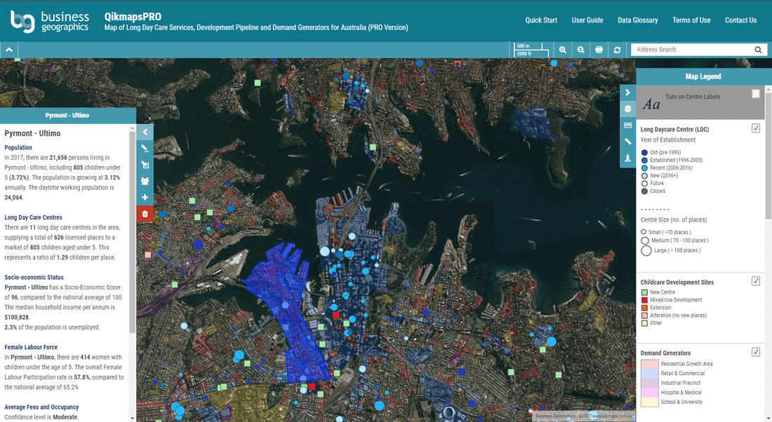 Qikmaps Pro: Business Geographic's subscxxxription service for child care data