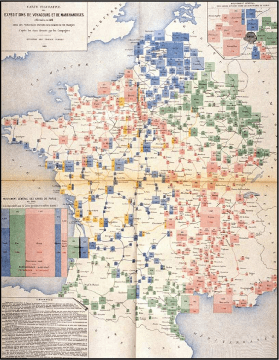 Complex map visualizations aren't new as demonstrated by this rail freight map from 1882