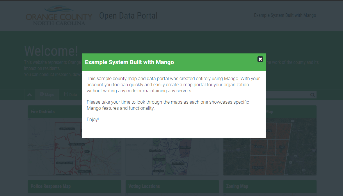 A welcome message on a map and data portal made with Mango