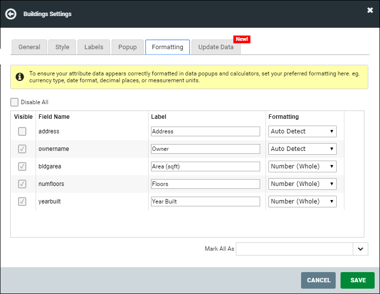 The layers panel where you can set an alias for confusing field names