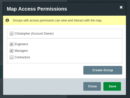 Map access permissions panel in Mango