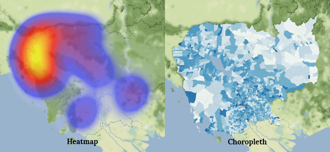 The difference between a heat map and a choropleth or quantity map