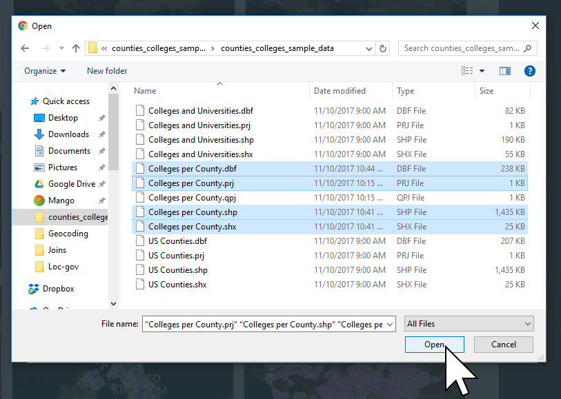 Selecting our new shapefile to upload to Mango to create an online heat map