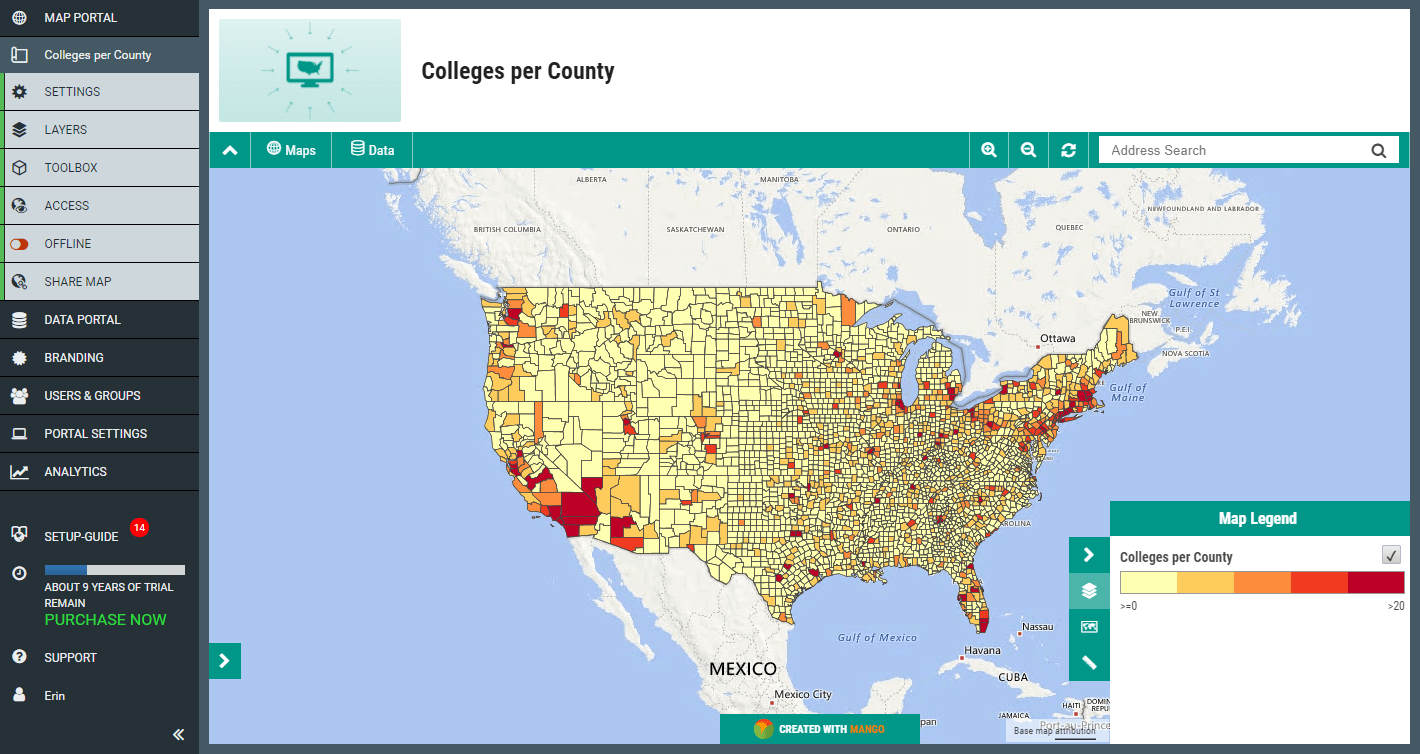 An online choropleth map created with this simple tutorial showing colleges per county in the US
