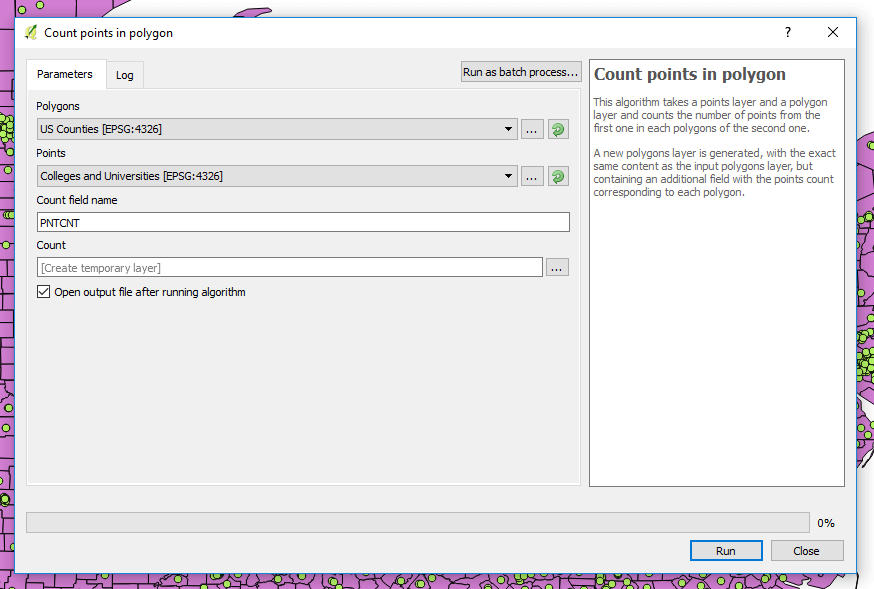 The Count points in polygon panel in QGIS