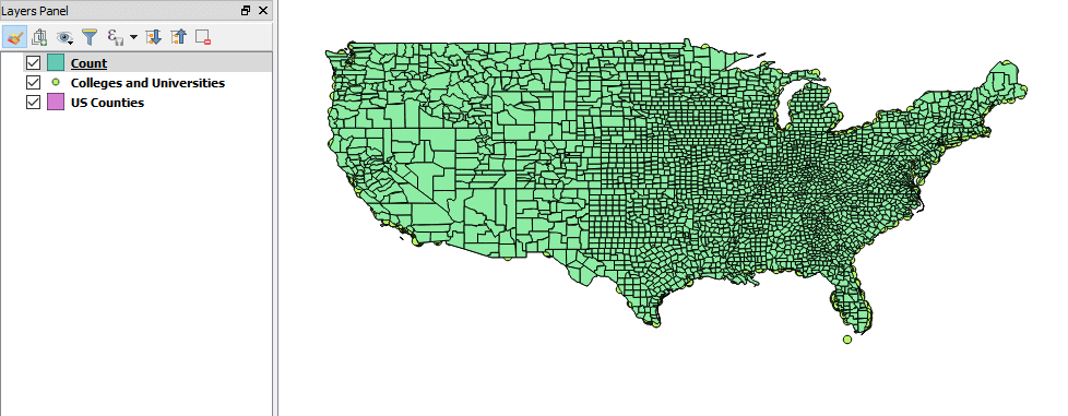 The output layer created by counting points in polygons in QGIS