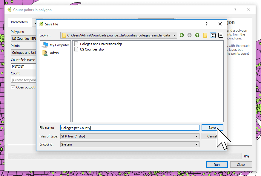 Specifying a file name and location to output the count of points in polygons in QGIS