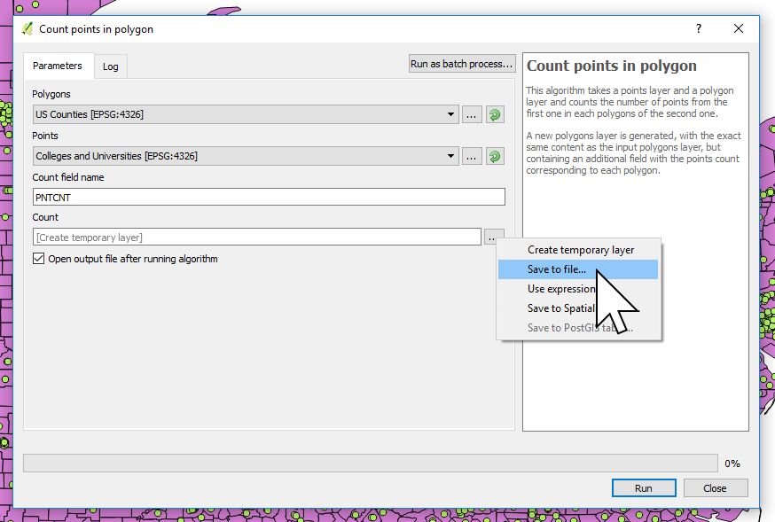 Specify an output file location and name for counting points in polygons in QGIS