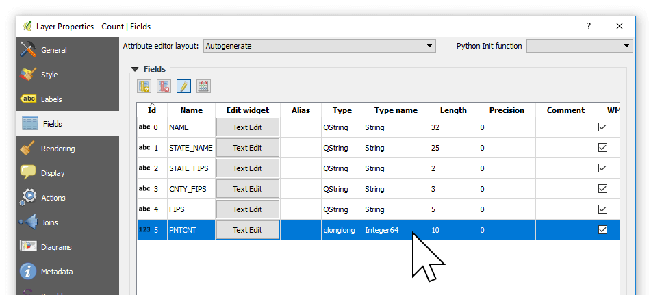Checking the field types for a layer in QGIS