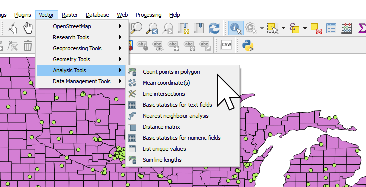 Activating the Count Points in Polygons tool in QGIS