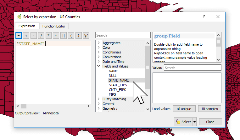 Selecting a field to use in our selection filter in QGIS