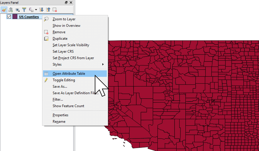 Viewing the attribute table of a shapefile of US Counties