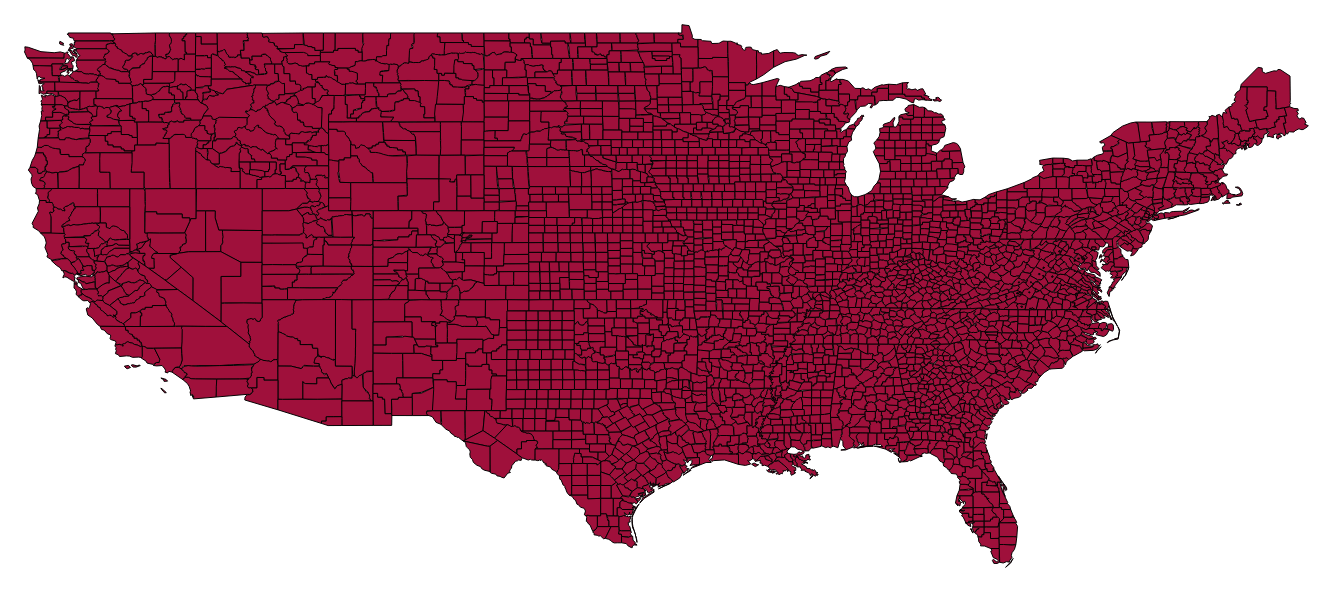 A shapefile of US counties visualized in QGIS