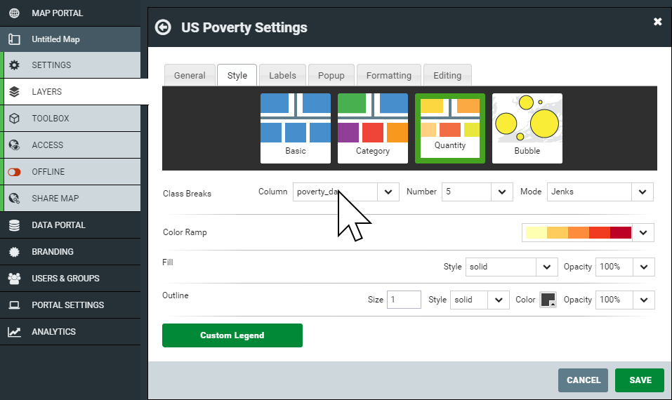 Setting a map layer to Quantity or Choropleth style in Mango