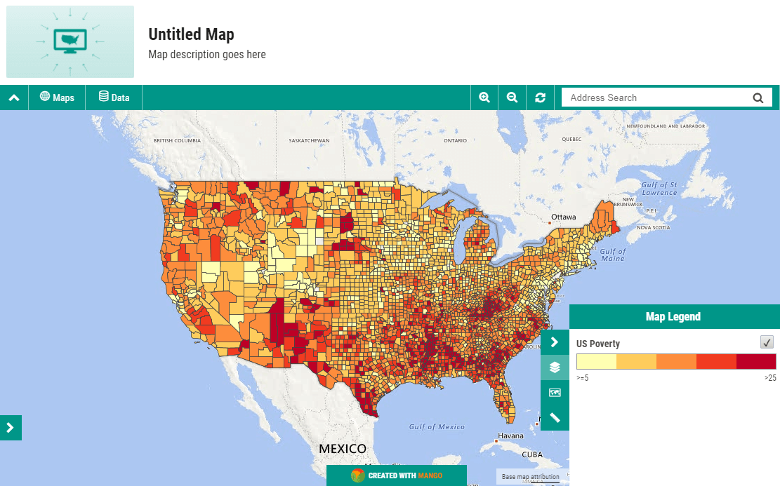 An interactive webmap created by joining CSV data to a Shapefile of US Counties in Mango