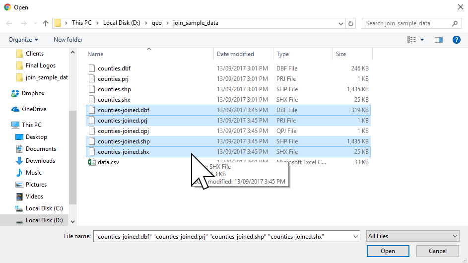 Selecting the .shp component of a shapefile in QGIS