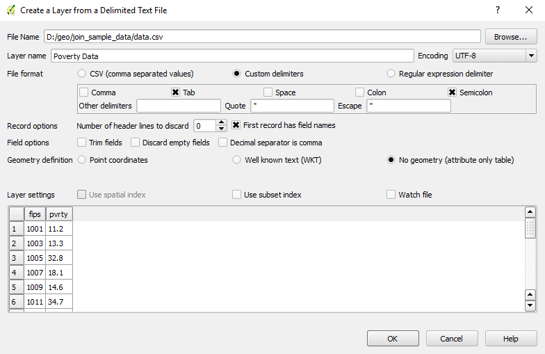 Opening a CSV layer in QGIS