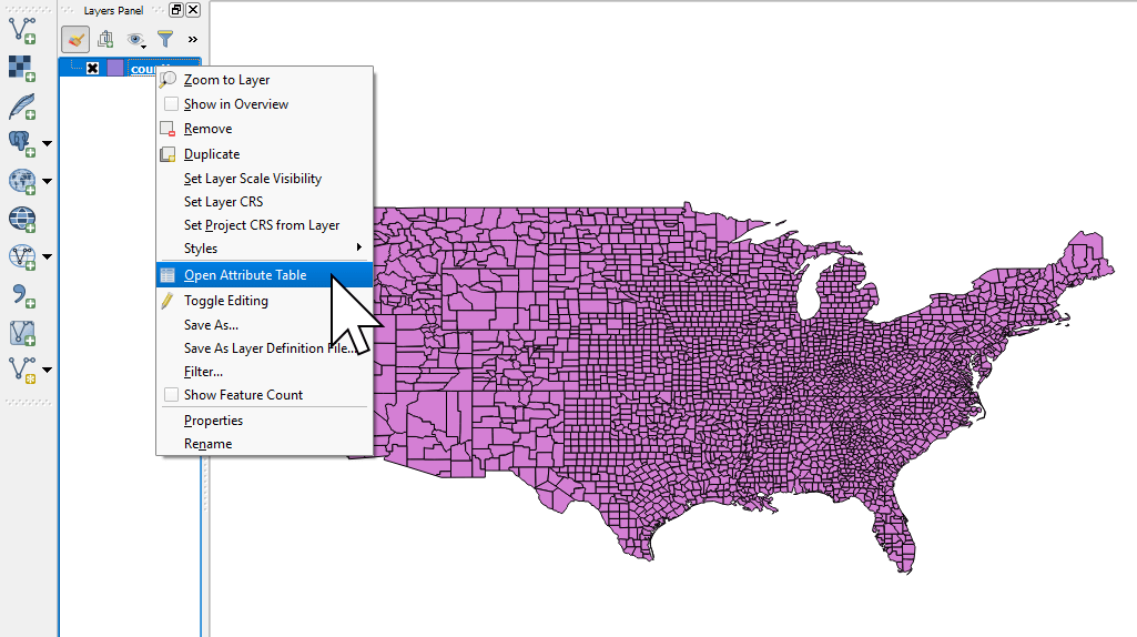 Opening the Attribute Table of a shapefile in QGIS