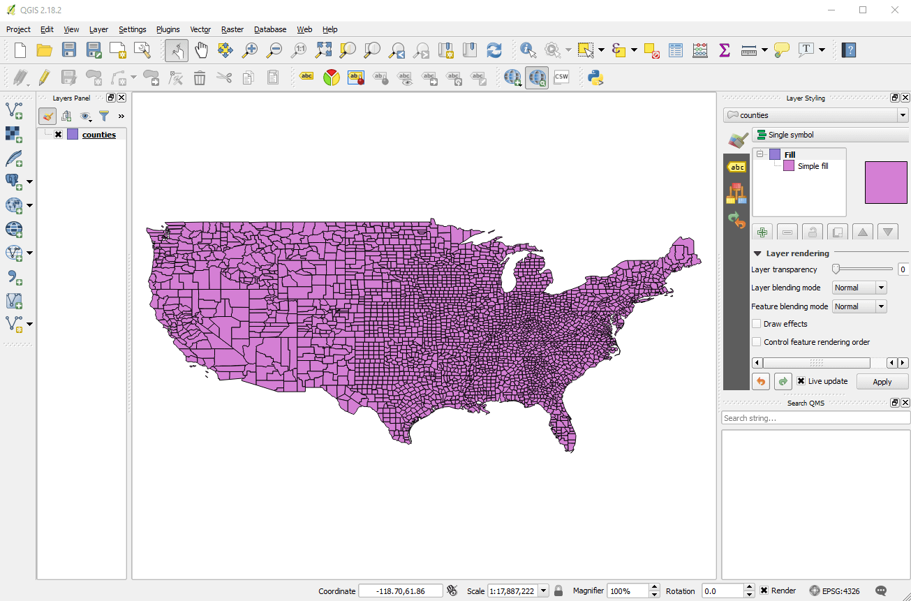 A shapefile of US counties in QGIS