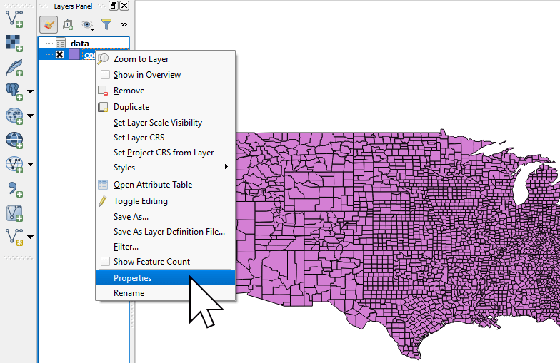 Opening the layer properties in QGIS to perform a table join