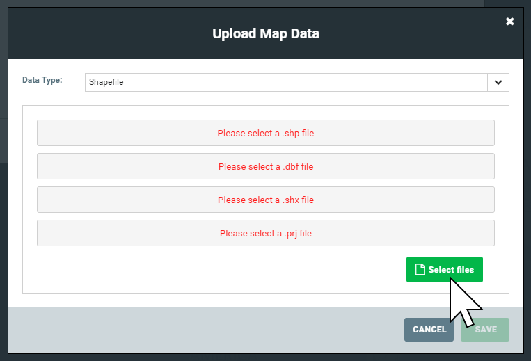 Selecting a shapefile to upload as a web map layer in Mango