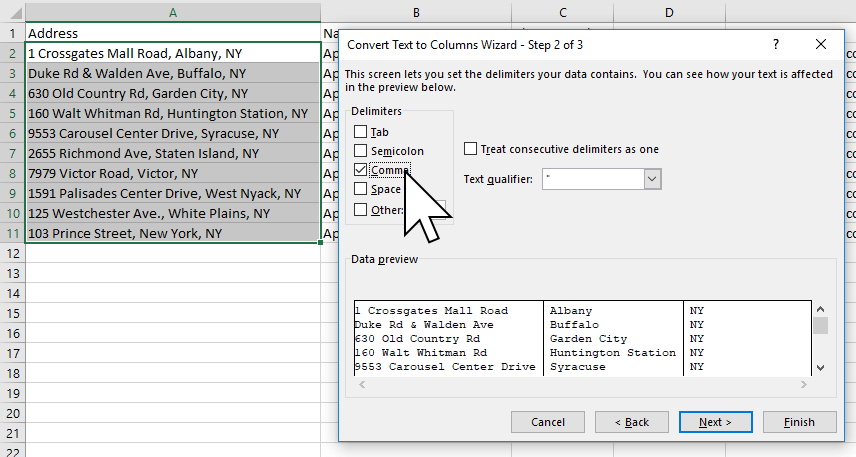Excel’s Convert Text to Columns Wizard lets you quickly split your address into individual columns.
