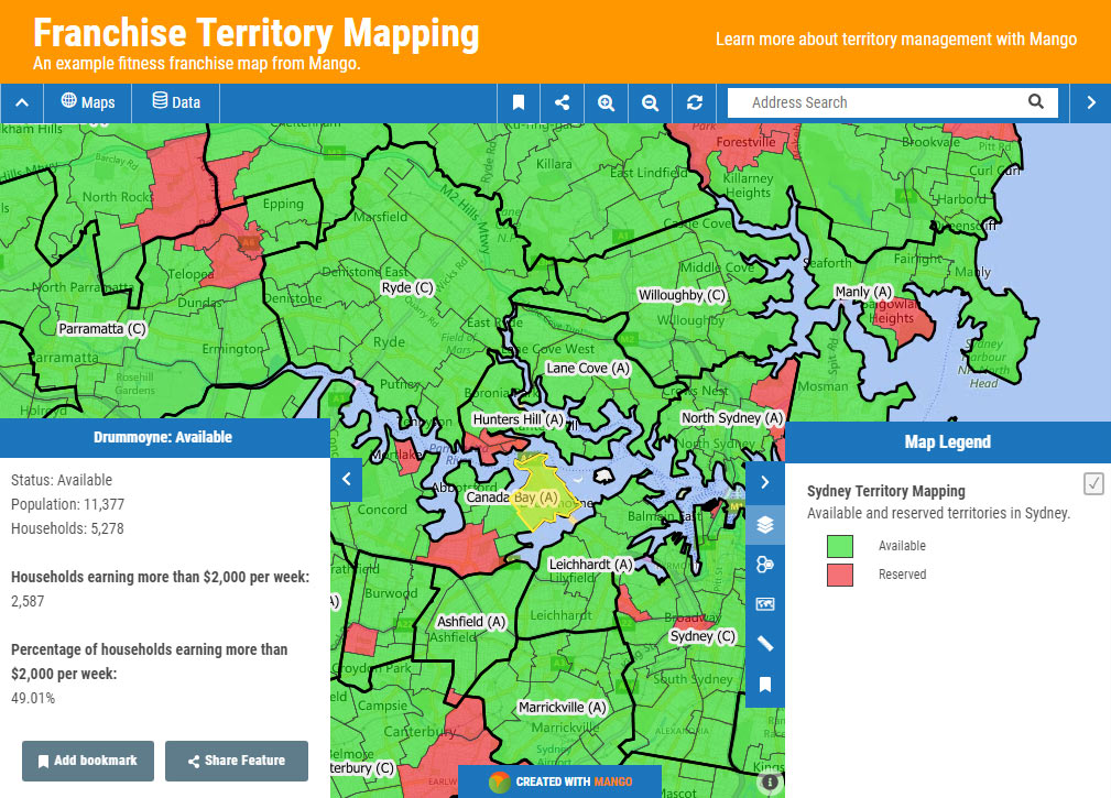 Territory map for a fictional fitness franchise brand.