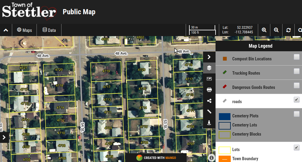 Town of Stettler's Public Map powered by Mango